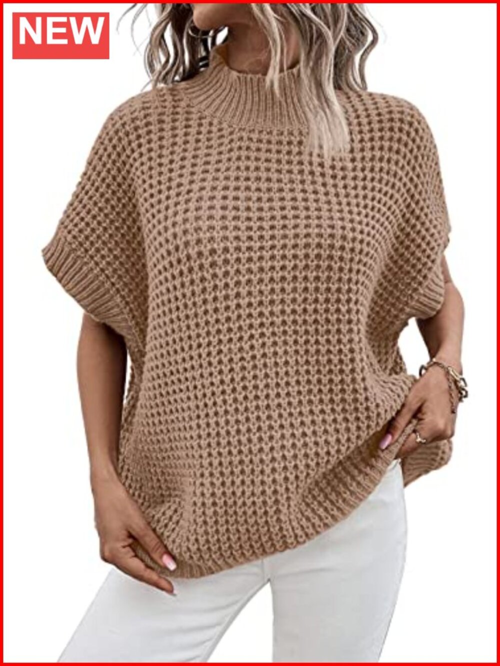 Oversized Batwing Short Sleeve Mock Neck Sweater Vest Sleeveless Pullover Knit